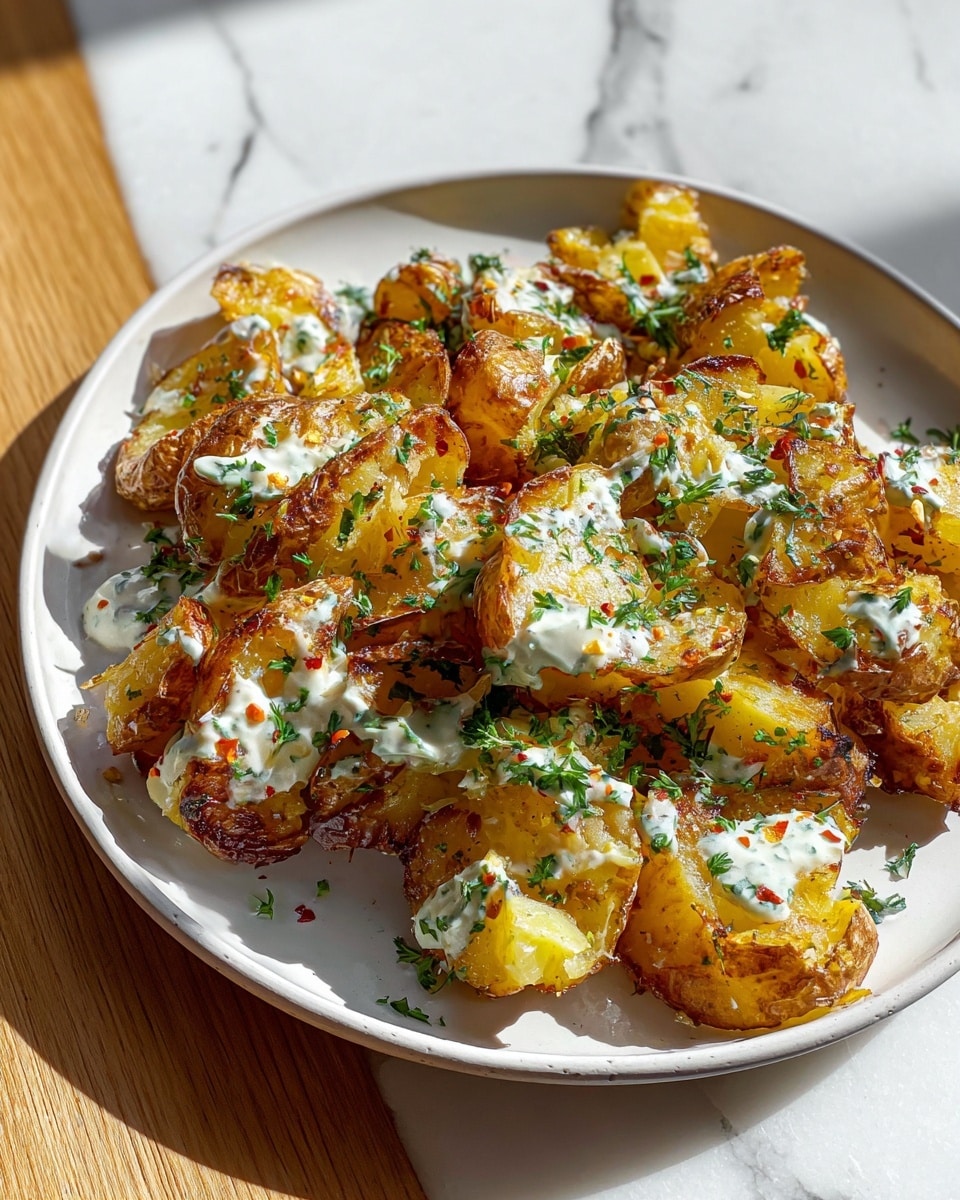 The image shows a white plate filled with golden-brown smashed potatoes with crispy edges, soft and fluffy inside. The potatoes are unevenly broken into chunky pieces, layered with a thick drizzle of creamy white sauce that has finely chopped green herbs scattered on top. The fresh green herbs add a touch of color contrast, while some small red chili flakes can be seen mixed into the sauce. The plate is sitting on a white marbled surface with natural light casting soft shadows, enhancing the texture and colors of the dish. photo taken with an iphone --ar 4:5 --v 7