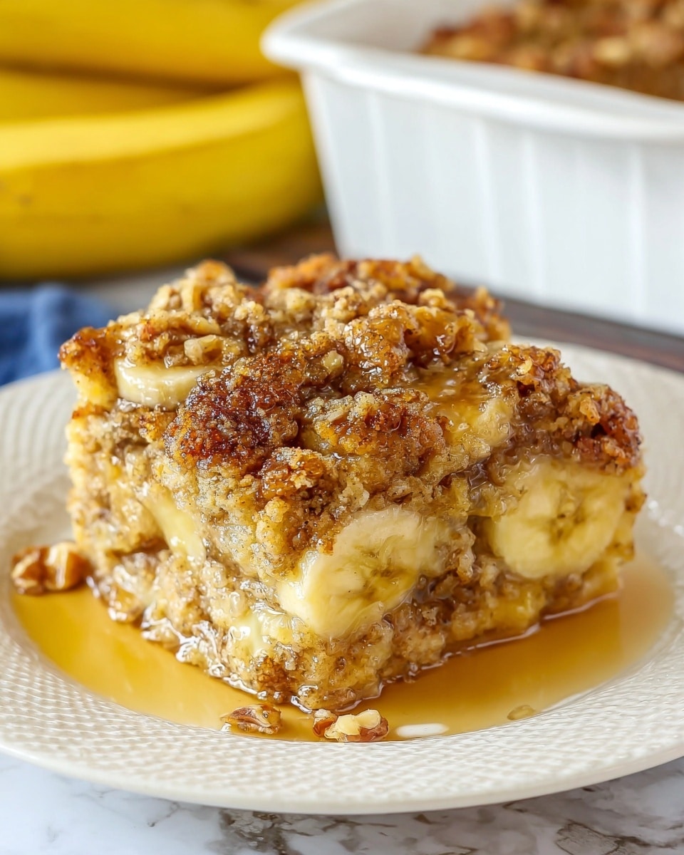 A thick slice of banana crumble bread pudding is placed on a white plate with a textured rim. The bottom layer is soft and moist bread soaked in a creamy custard, light yellow in color. Above this is a layer of sliced bananas, visible through the soft bread, in pale yellow tones with brown spots. The top is a crumbly streusel with a golden brown color, sprinkled with cinnamon and nuts, adding texture and crunch. The dessert is drizzled with a glossy syrup that pools slightly around the base, enhancing its rich look. The background shows part of a white baking dish and some blurred bananas on a white marbled surface. photo taken with an iphone --ar 4:5 --v 7