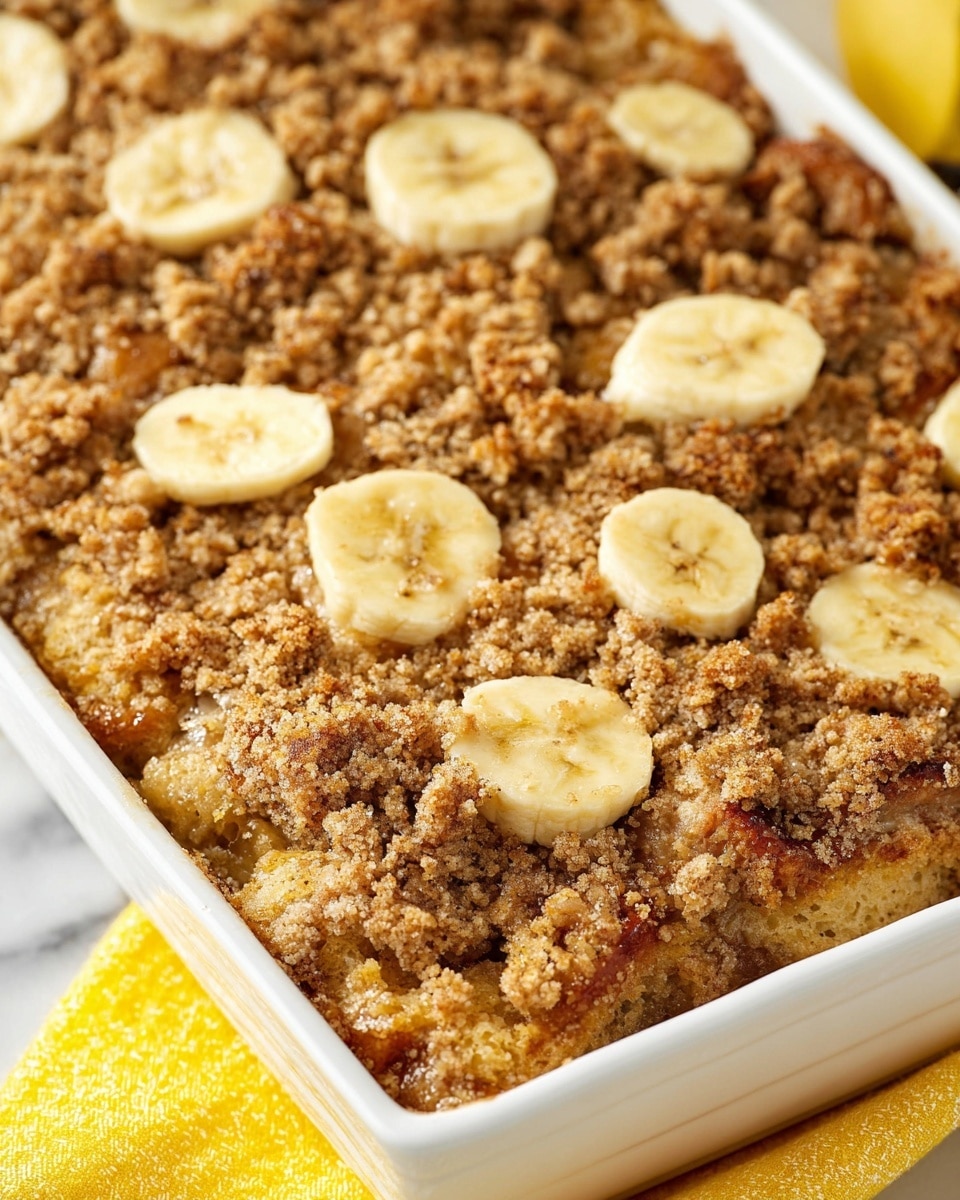 This image shows a close-up of a three-layer baked dessert in a white rectangular dish. The bottom layer is made of soft bread chunks that have a light golden color with some darker toasted edges. The middle layer consists of sliced bananas scattered evenly, showing a pale yellow with brown spots in the center. The top layer is a crumbly, brown streusel texture that looks buttery and crunchy, covering the whole dish but allowing some banana slices and bread pieces to peek through. The dish rests on a bright yellow cloth, all set on a white marbled surface. photo taken with an iphone --ar 4:5 --v 7