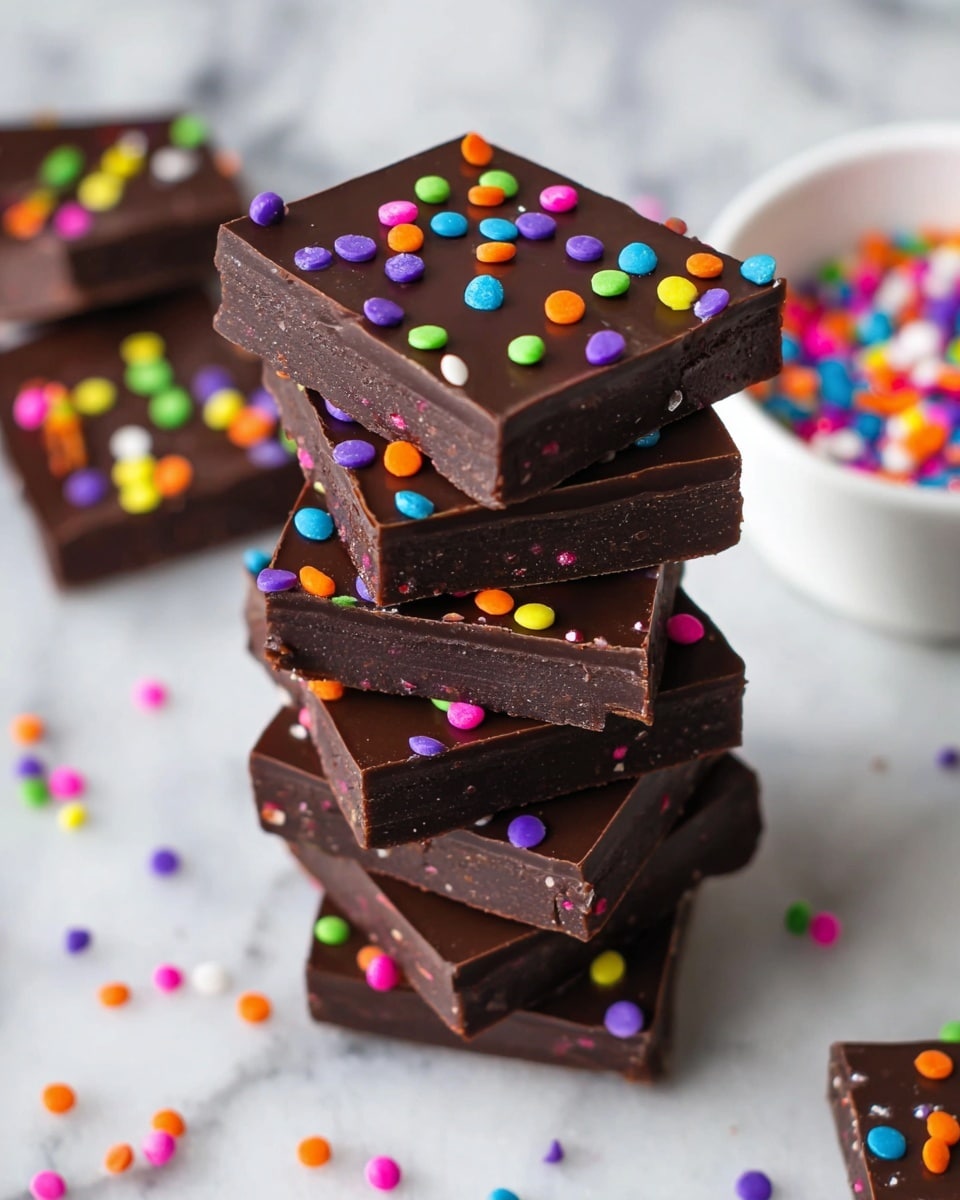 A tall stack of six dark chocolate squares is shown, each square topped with a smooth layer of glossy dark chocolate. Brightly colored round sprinkles in green, purple, pink, yellow, orange, and blue are scattered on top and between the layers, adding a playful touch. Each chocolate square has two sections separated by a slight line, and the layers appear thick and moist with a rich chocolate color. The stack sits on a white marbled surface with more sprinkles scattered around, and in the background, a white bowl filled with colorful sprinkles is partially visible. Photo taken with an iphone --ar 4:5 --v 7