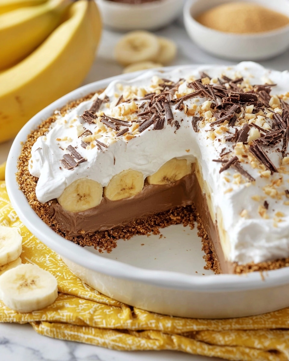 A white pie dish holds a layered banana cream pie with four visible layers: a crumbly brown crust at the bottom, a smooth light brown chocolate layer above it, a ring of sliced yellow bananas next, and a thick, fluffy white whipped cream layer on top. The whipped cream is sprinkled with small pieces of chopped nuts and thin dark chocolate shavings. A slice has been cut out, revealing the inside clearly, and the pie rests on a yellow cloth on a white marbled surface with banana slices placed nearby. In the back, a blurred bowl of brown sugar and a whole banana can be seen. Photo taken with an iphone --ar 4:5 --v 7