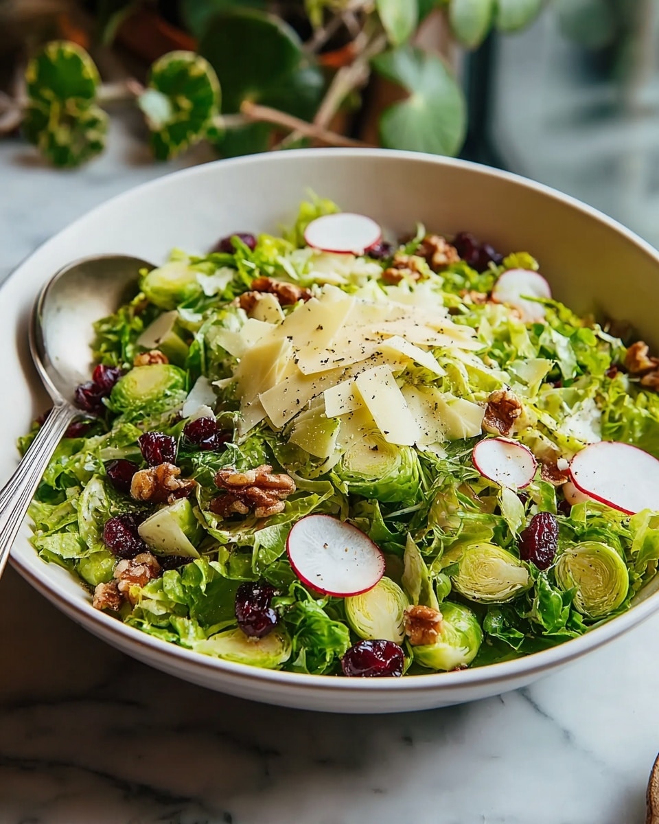 A large white bowl holds a fresh green salad with many layers visible. The bottom layer is made of bright green leafy lettuce, mixed with sliced green Brussels sprouts. On top of this, thinly sliced radishes with white centers and red edges are scattered. Dark red dried cranberries and small brown walnut pieces add spots of color throughout. Thin, light yellow shaved cheese slices lay gently over the salad, with some black pepper sprinkled on top. A silver fork rests inside the bowl on the left side. The bowl sits on a white marbled surface with some blurred green plants in the background. photo taken with an iphone --ar 4:5 --v 7