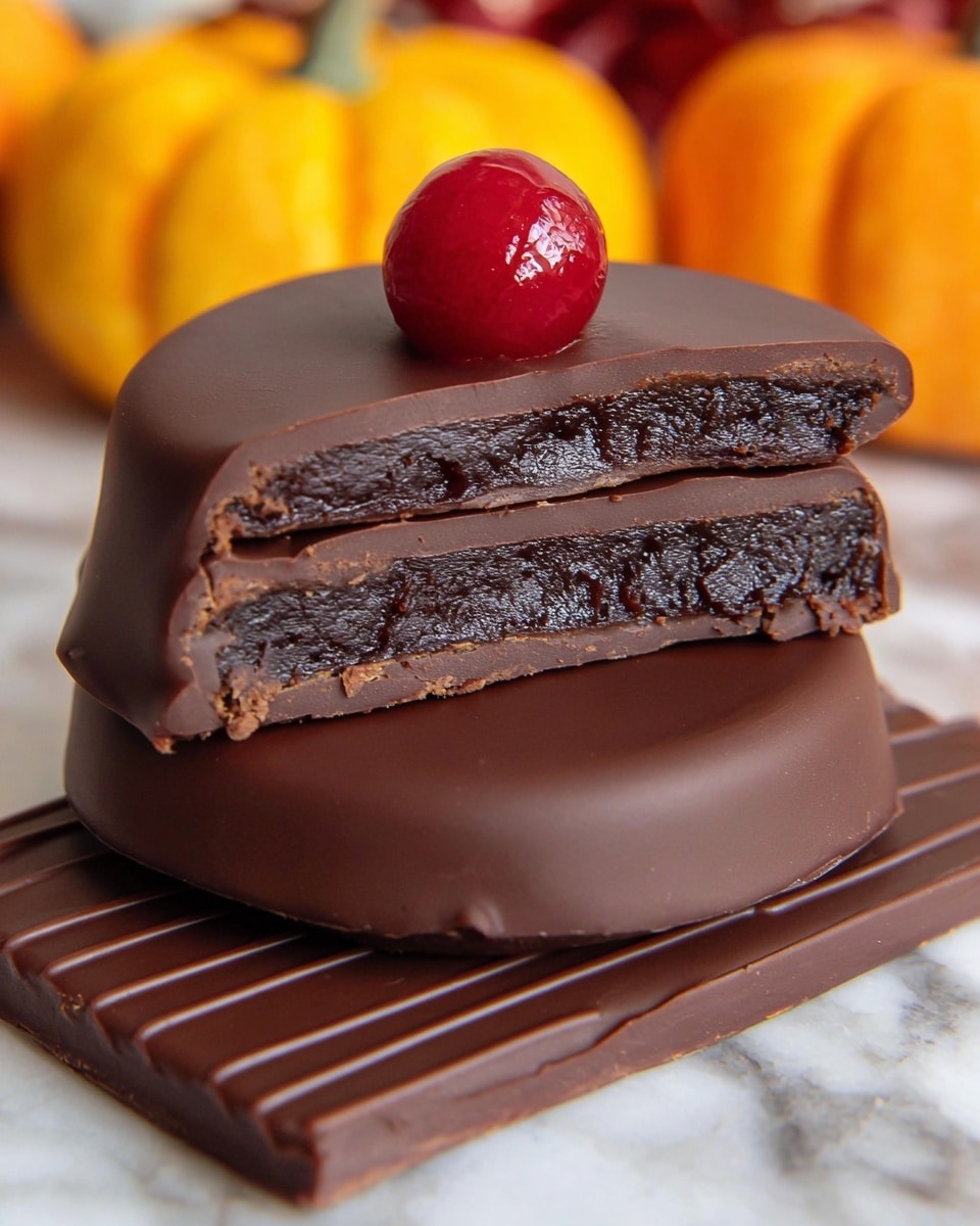 A round chocolate-covered treat with two layers, the bottom layer is a thick, smooth milk chocolate shell, and the top layer is a shiny, dark chocolate fudge filling. The treat is cut in half to show the dark, glossy, dense fudge inside, slightly soft in texture, with the outer chocolate shell being firm and glossy. A single bright red berry sits on top of the cut piece. The treats rest on a larger piece of chocolate with textured lines, all placed on a white marbled surface with blurred autumn-colored pumpkins in the background. Photo taken with an iphone --ar 4:5 --v 7
