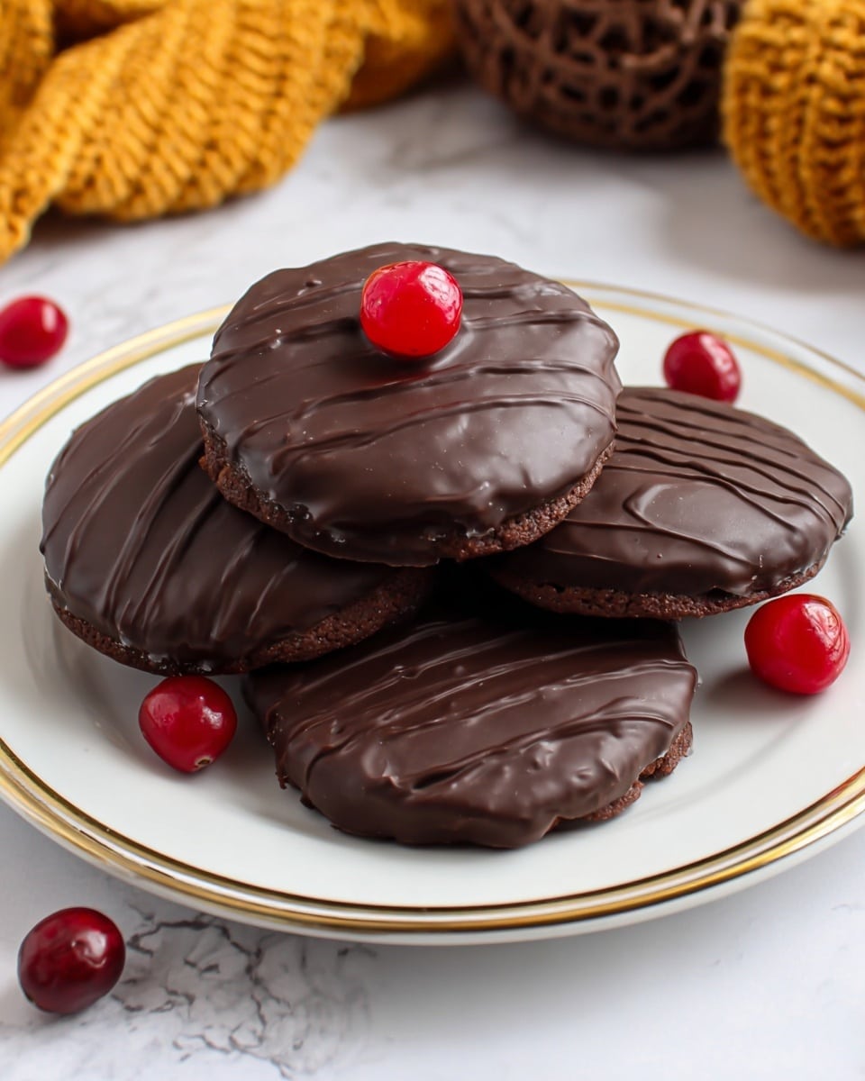 A white plate with a thin gold rim holds five chocolate-covered round cookies. Four cookies are stacked side by side, each with a textured top layer of chocolate showing wavy lines and a slightly uneven surface. The fifth cookie is placed on top in the center, with a smooth, glossy chocolate surface and a single shiny red cherry sitting right in the middle. Around the plate, scattered red cherries add color contrast, and the whole scene is set on a white marbled surface with some blurred mustard yellow and brown knitted decorations in the background. Photo taken with an iphone --ar 4:5 --v 7