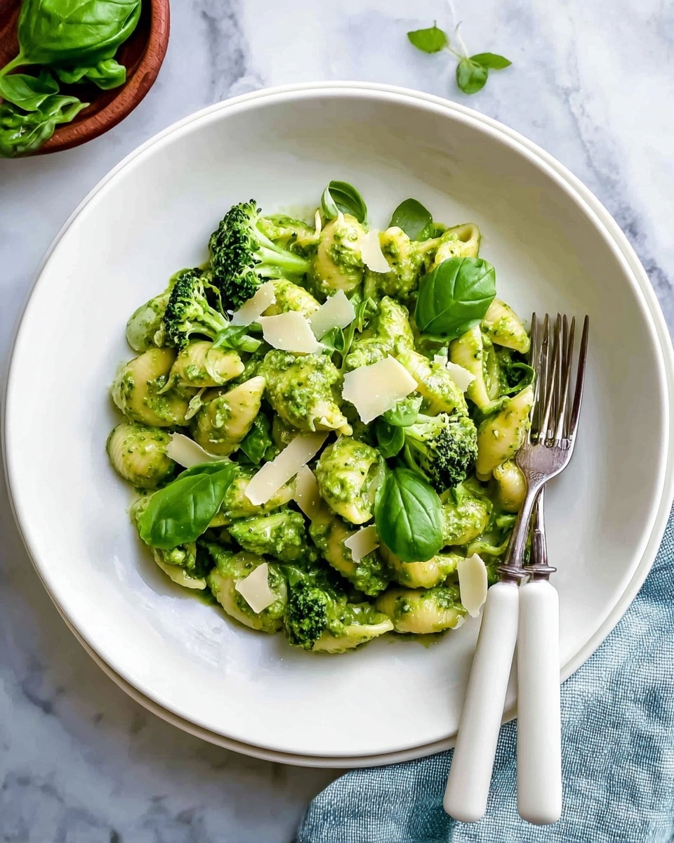 A white plate holds a dish of pasta shells covered in bright green pesto sauce, mixed with small, dark green broccoli florets. There are light yellow shaved cheese pieces scattered on top and fresh basil leaves placed around and on the pasta. Two forks with white handles rest on the right side of the plate. The plate is on a larger white plate, all set on a surface with a white marbled texture. The scene is bright and fresh with a piece of light blue cloth partially visible under the plates. photo taken with an iphone --ar 4:5 --v 7