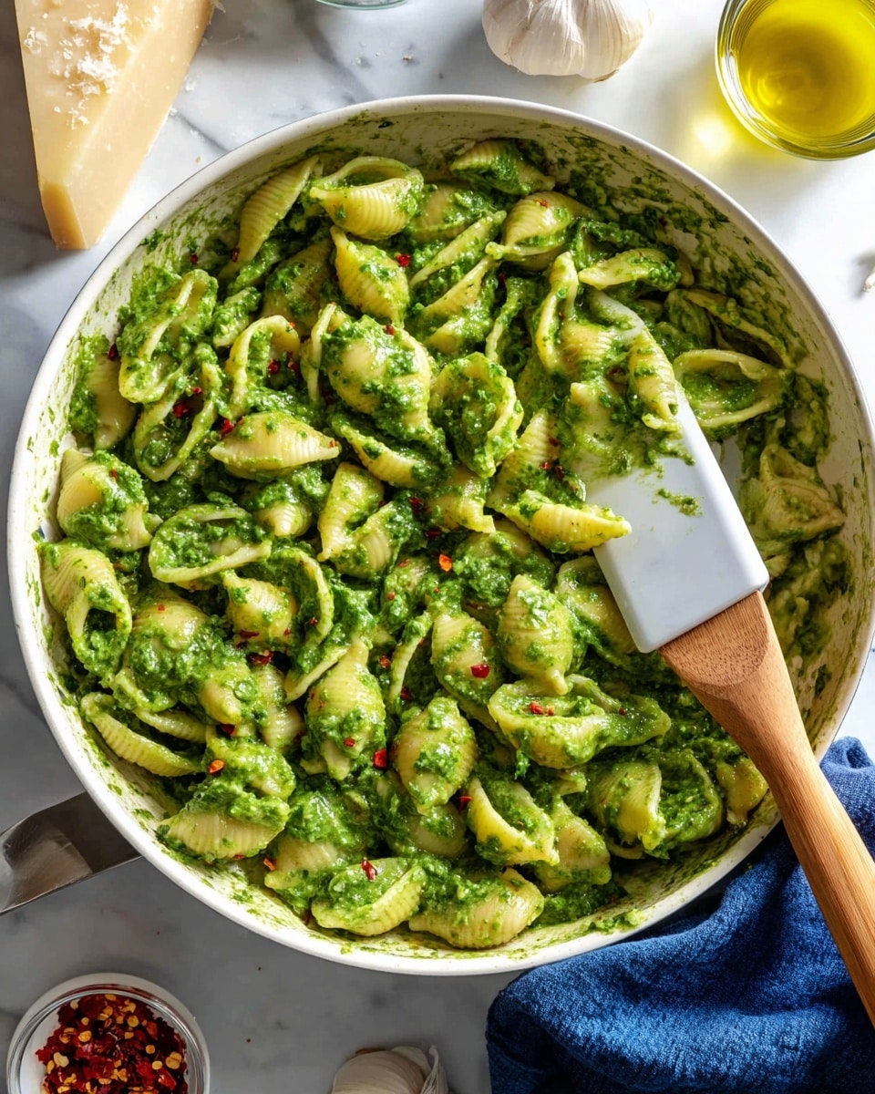 A close-up view of a white pan filled with shell pasta coated in a thick, bright green sauce that covers each shell evenly, creating a creamy texture with small red chili flakes visible throughout. A wooden spatula with a white silicone head rests inside the pan, lifting some pasta, showing a sticky, rich green sauce clinging to it. Surrounding the pan are a small white spoon with red pepper flakes, a bulb of garlic, a small glass bowl of olive oil, a wedge of pale yellow cheese, and a blue cloth on a white marbled surface. Photo taken with an iphone --ar 4:5 --v 7