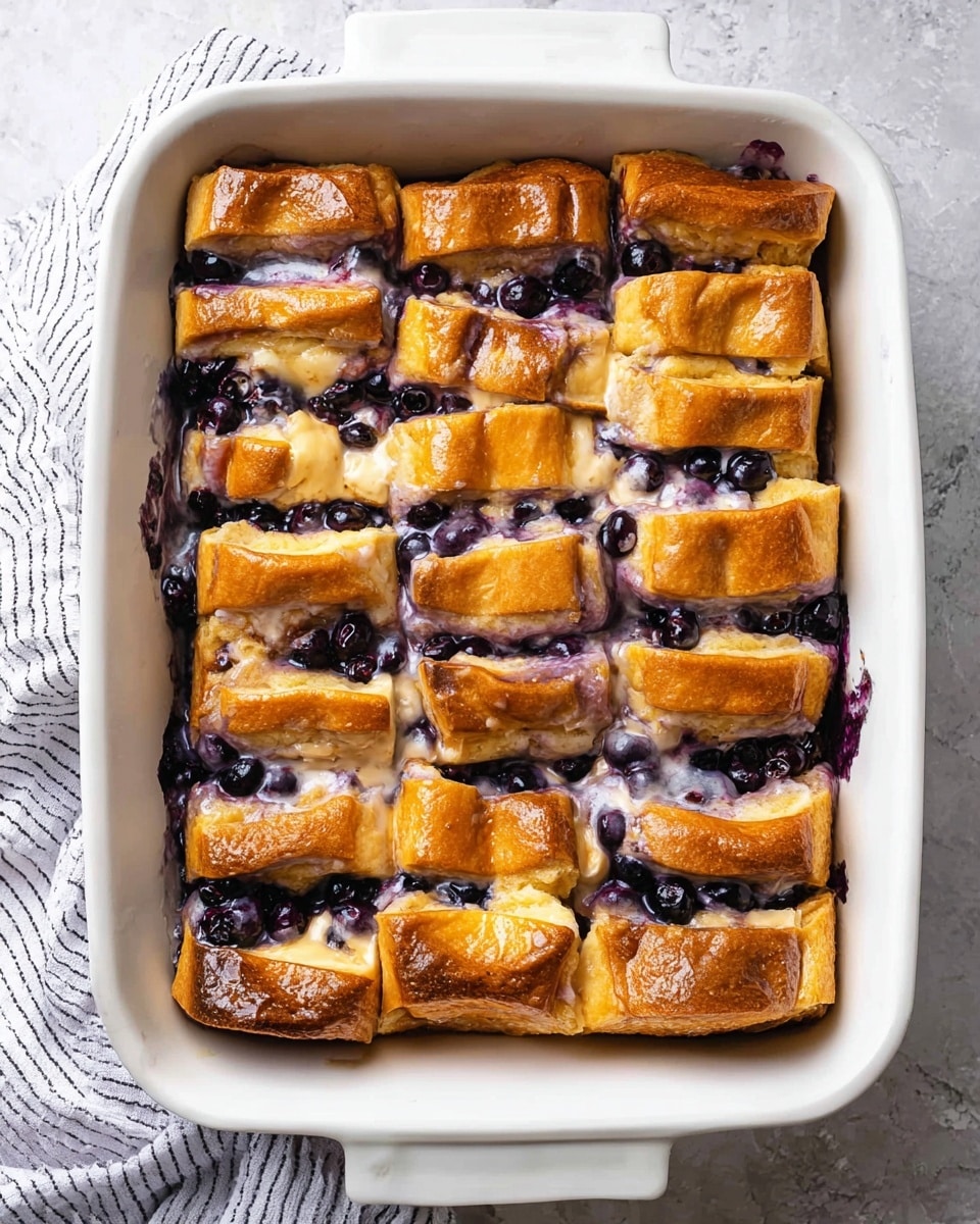 The dish is a white rectangular baking dish filled with slices of golden brown baked bread arranged in a grid pattern with four columns and seven rows. Each slice has visible layers of soft bread with a shiny, glazed surface, and between the layers, there are creamy purple fillings and whole blueberries that create a textured, juicy look. The bread appears slightly puffed and moist, with some blueberry juice oozing around the edges. The dish is placed on a white marbled texture, and a white and gray striped cloth is partially visible on the left side. photo taken with an iphone --ar 4:5 --v 7