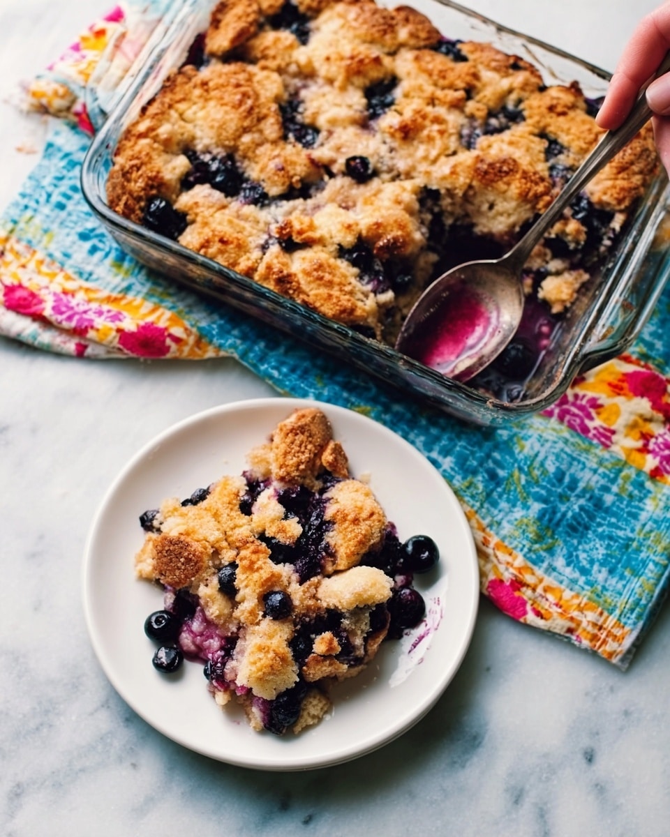 The image shows a square glass baking dish with a golden-brown baked dessert that has a crumbly top. Small dark blueberries are visible throughout the dish, some bursting and releasing purple juice. Next to the dish is a white round plate with a serving of the dessert piled up, showing soft, slightly gooey inside layers with blueberries mixed in. A woman's hand is holding a spoon, scooping some of the dessert from the dish. The scene is set on a white marbled texture with a colorful cloth nearby. Photo taken with an iphone --ar 4:5 --v 7