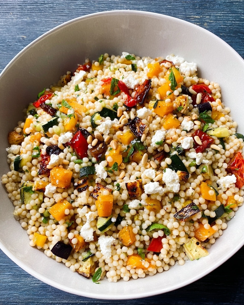 A white shallow bowl filled with a colorful couscous salad, showing round, pearl-like grains mixed with small cubes of yellow, orange, and red roasted vegetables and green herbs scattered throughout. Small white crumbles of cheese and beige pine nuts are spread on top, adding texture and variety. The bowl is placed on a white marbled surface with a blue wooden background visible around the edges. photo taken with an iphone --ar 4:5 --v 7