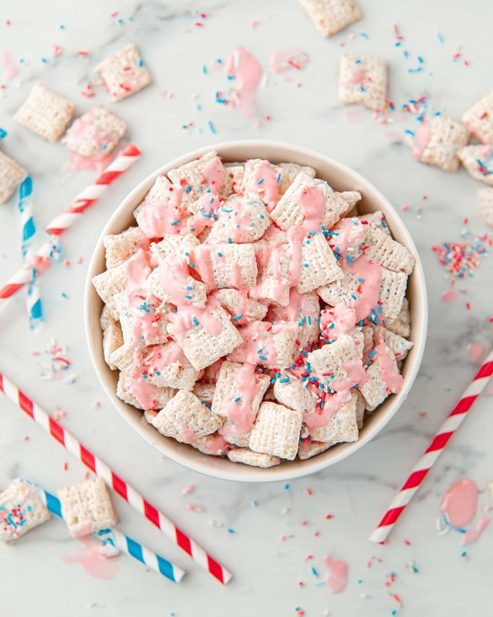 A bowl filled to the top with small white square cereal pieces, some with pink frosting, all drizzled with light pink glaze and colorful tiny round sprinkles on top. The bowl is white and sits on a white marbled surface scattered with a few cereal pieces and blobs of pink glaze with sprinkles. Around the bowl, there are five paper straws with red and white or blue and white stripes. The scene is bright and light. photo taken with an iphone --ar 4:5 --v 7