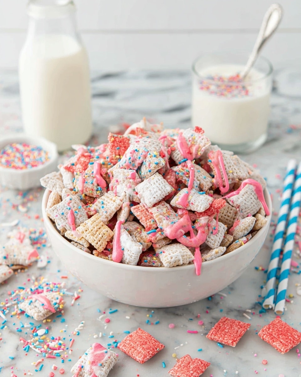 A large white bowl filled with a colorful snack mix. The base layer is made of small, square cereal pieces dusted with white powder. On top, there is a drizzle of pink icing scattered across the cereal, with some pieces fully coated in bright pink candy. Small, round rainbow sprinkles add extra color, sprinkled evenly over the entire mix. Around the bowl, pieces of the snack and pink candy shards are scattered on a white marbled surface. Blue, pink, and white striped paper straws lie next to the bowl. In the background, a glass bottle filled with milk and a clear glass with a spoon and sprinkles are visible. Photo taken with an iphone --ar 4:5 --v 7