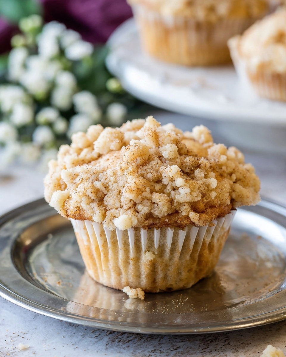 A close-up view of a single muffin with a crumbly streusel topping, featuring small, uneven clusters of golden brown crumbs sprinkled with specks of cinnamon. The muffin itself is a light beige color, wrapped in a white paper liner with visible ridges. It sits centered on a shiny silver plate that has a slightly raised decorative edge. In the blurred background, there is a white bowl containing more muffins resting on a white marbled textured surface. Small white flowers and some greenery are slightly visible out of focus around the plate. Photo taken with an iphone --ar 4:5 --v 7
