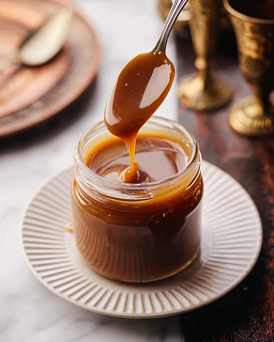 A clear glass jar filled with thick, shiny caramel sauce is placed on a white plate with a ribbed edge, resting on a white marbled surface. A silver spoon, coated generously with caramel, is held above the jar with caramel slowly dripping from it, showing the smooth and creamy texture of the sauce. The background is softly blurred, including a brownish plate and brass goblets, highlighting the rich golden-brown color and glossy surface of the caramel sauce. photo taken with an iphone --ar 4:5 --v 7