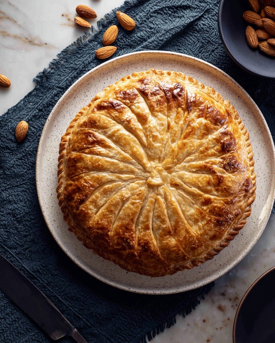A round pie with a shiny golden brown crust sits on a white speckled plate. The top crust has a carved swirl pattern radiating from the center outward, creating a textured, layered look with varying shades of golden brown. The edge of the crust is crimped neatly around the pie. The plate rests on a textured dark blue mat against a white marbled surface with a dark cloth napkin and whole almonds scattered nearby. A black knife and a dark bowl are partially visible to the side. photo taken with an iphone --ar 4:5 --v 7