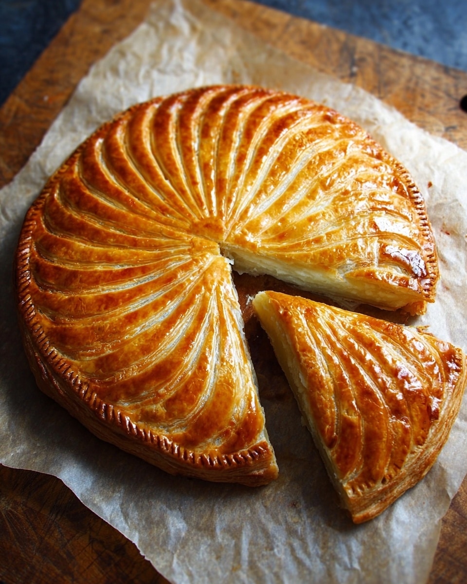A round golden brown pie with a shiny, smooth crust sits on a piece of parchment paper over a wood surface. The crust has a patterned design of curved lines radiating from the center to the edges. One triangular slice is cut out and placed next to the pie, showing a pale inner layer that looks soft and flaky. The pie’s edges are pinched into a ridged border, giving it a neat finish. photo taken with an iphone --ar 4:5 --v 7