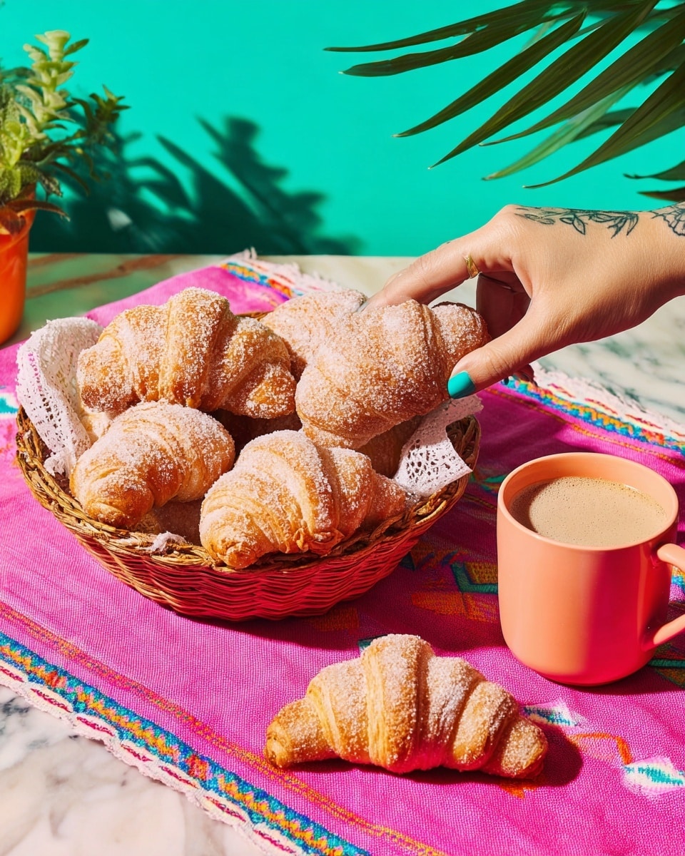 A basket filled with six light golden brown croissants covered in sugar sits on a bright pink cloth with colorful patterns on a white marbled surface. Two croissants lie directly on the surface nearby. A woman's hand with turquoise nail polish and a tattoo on the forearm reaches to pick one croissant from the basket. To the right, a coral pink mug filled with frothy coffee is placed on the same surface. The background is a turquoise color with green plants partially visible, creating a fresh and vibrant setting. photo taken with an iphone --ar 4:5 --v 7