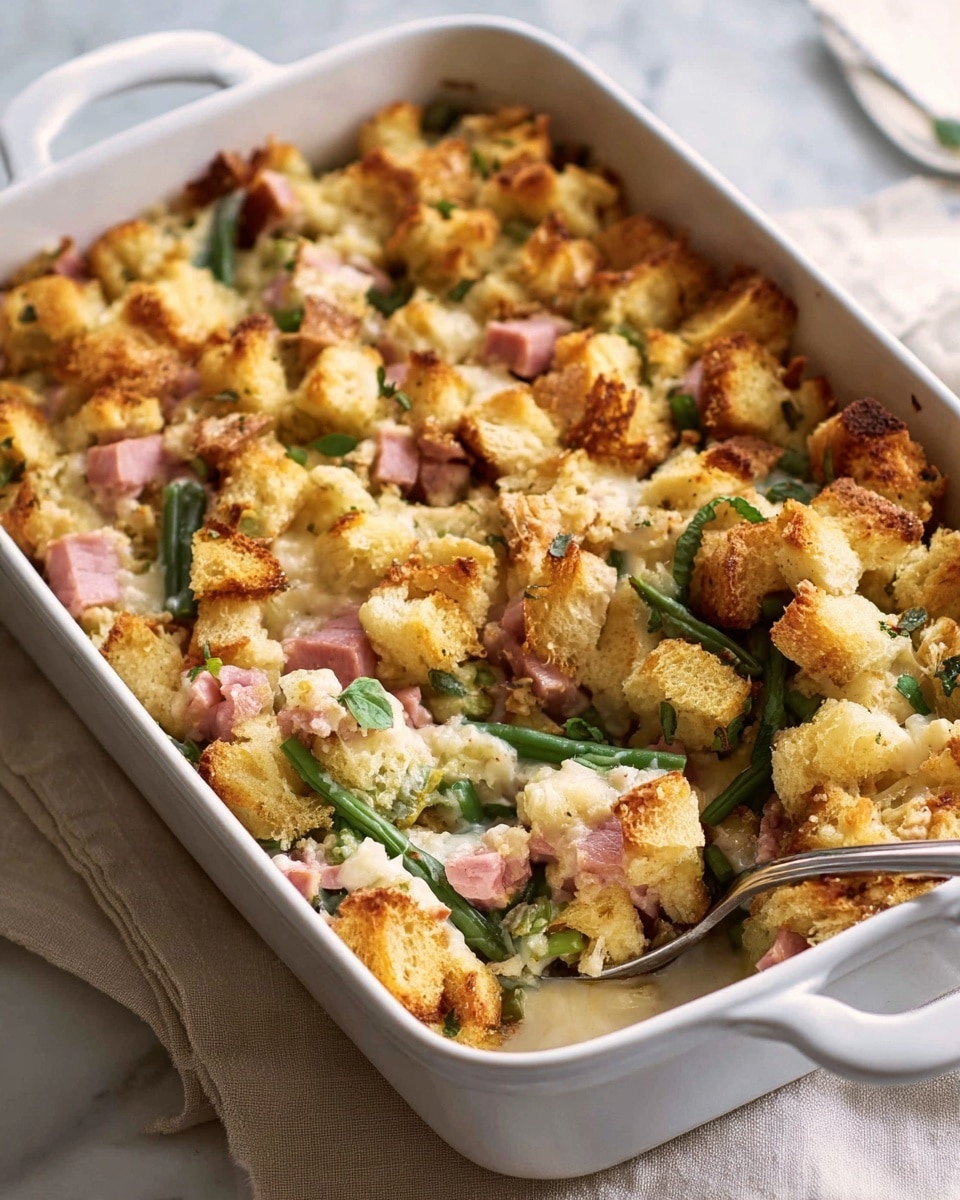 A white baking dish filled with a layered casserole sits on a white marbled surface covered partly by a light cloth. The top layer is made of golden brown toasted bread cubes creating a crunchy texture. Scattered within and below are small pieces of pink ham and bright green beans, adding pops of color. The base layer appears creamy, binding the ingredients together softly. A silver spoon is partially inserted into the casserole, showing the mix of bread, ham, green beans, and creamy sauce inside. Photo taken with an iphone --ar 4:5 --v 7