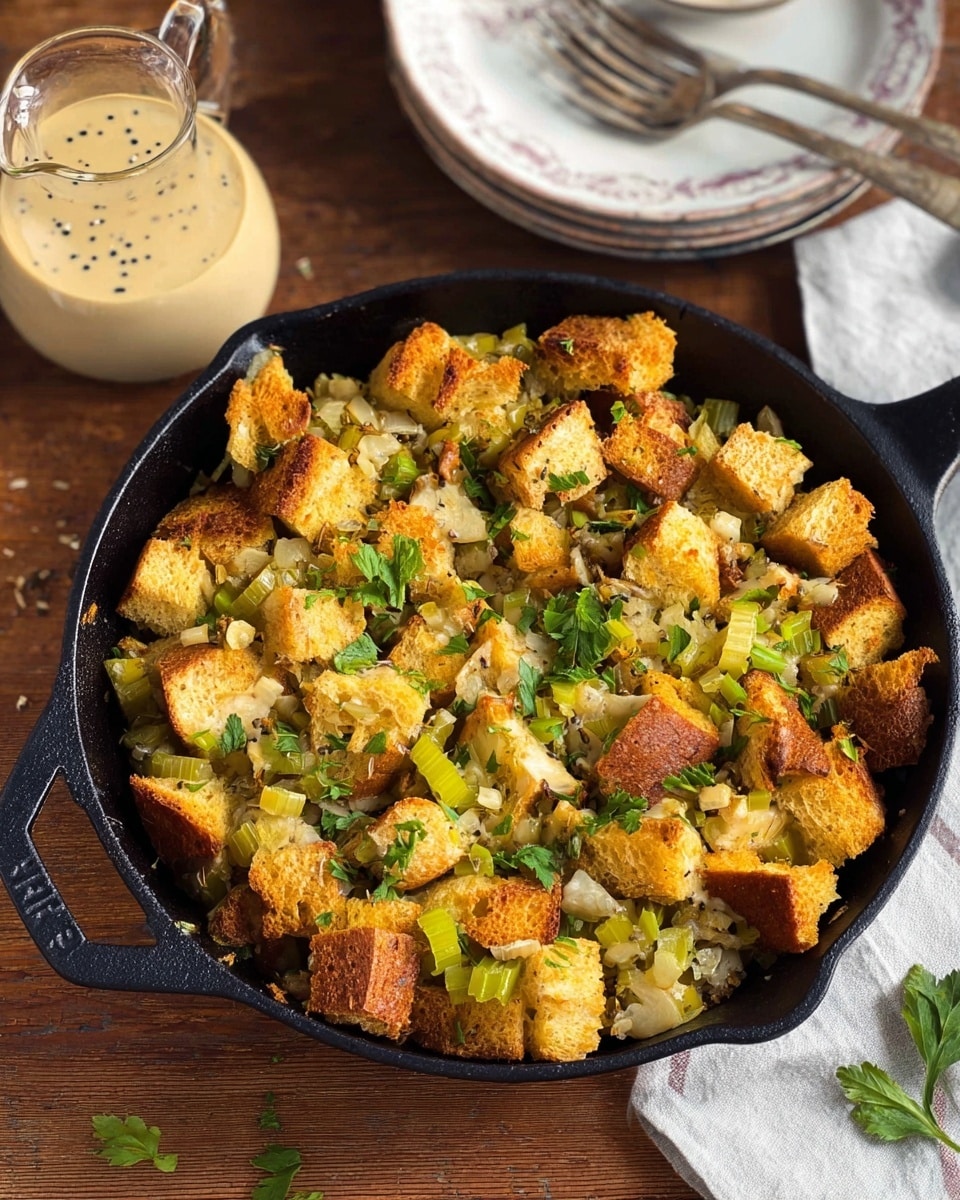 A rustic black cast iron skillet filled with a layer of golden-brown toasted bread cubes mixed with sautéed chopped celery and onion pieces scattered throughout, topped with fresh green parsley leaves adding brightness. The bread cubes show a crunchy texture with some edges darker than others. The skillet rests on a wooden table next to a stack of white patterned plates with forks, and a clear glass jug of creamy sauce with black pepper specks visible on the surface. The setting is on a white marbled texture surface. photo taken with an iphone --ar 4:5 --v 7
