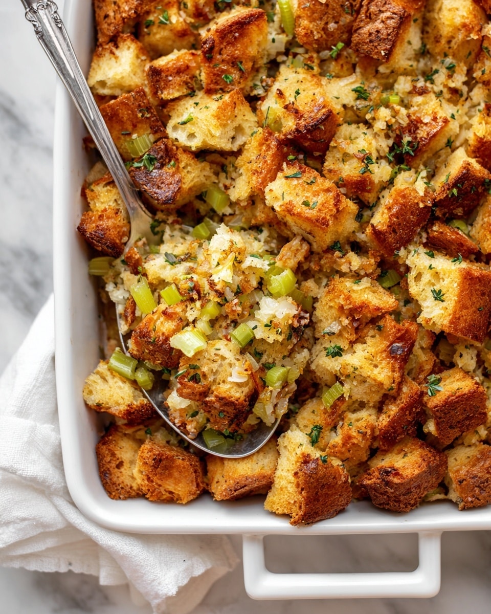 A baked dish in a white rectangular ceramic baking dish with slightly rounded corners, filled with a crispy bread stuffing made of golden brown bread cubes, light green celery pieces, and small bits of herbs mixed inside. The bread cubes are toasted unevenly, giving a rustic, crunchy texture on top, with some parts showing a soft, moist inside. A spoon is lifting a scoop from the dish, showing the mixture of bread and celery well, with visible crumbs and herbs. The dish is placed on a white marbled surface, with a folded white cloth napkin partially seen at the side. photo taken with an iphone --ar 4:5 --v 7