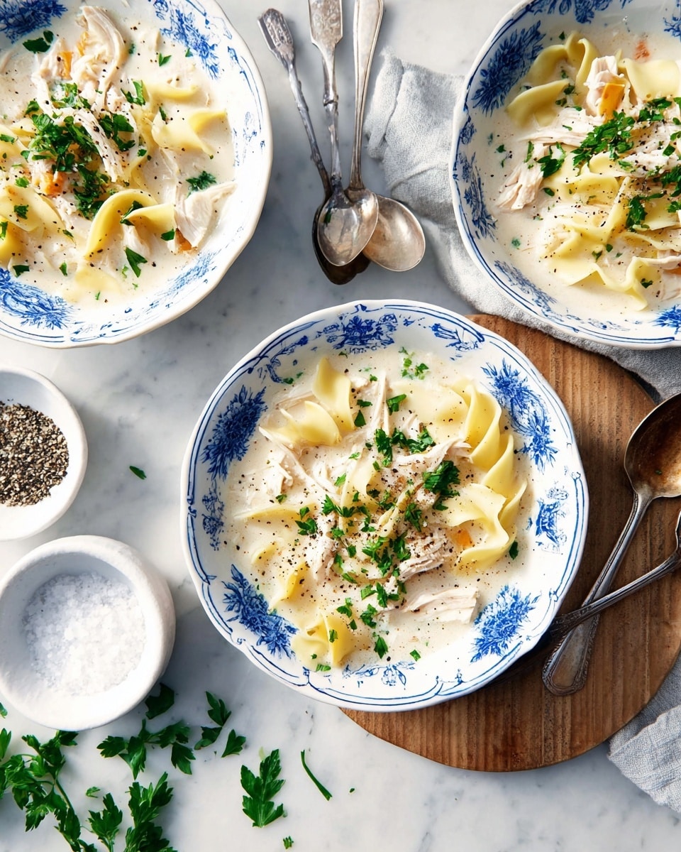 Three white bowls with blue floral patterns hold a creamy chicken noodle soup. Each bowl has a light thick cream base, topped with pale yellow wide egg noodles and shredded white chicken pieces. Bright green chopped parsley is sprinkled on top along with black pepper. The bowls are placed on a white marbled surface with a wooden board underneath one bowl. Two silver spoons lie near the bowls. A small white bowl with salt and black pepper is near the bottom left corner. A few parsley leaves are scattered around the surface. photo taken with an iphone --ar 4:5 --v 7