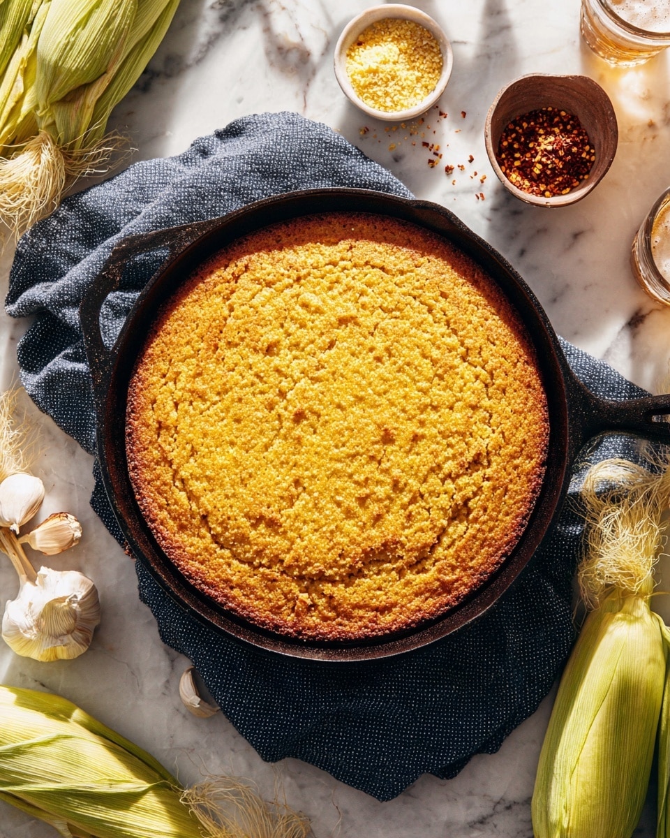 A crispy golden cornbread with a crunchy brown edge sits in a black cast iron skillet, which rests on a dark blue textured cloth on a white marbled surface. Around the skillet are light yellow corn with green husks, white garlic cloves, a small brown bowl of red chili flakes, and a glass container of pale yellow cornmeal. Soft sunlight casts natural shadows across the scene. Two glasses of a foamy drink are partially visible near the top right corner. Photo taken with an iphone --ar 4:5 --v 7