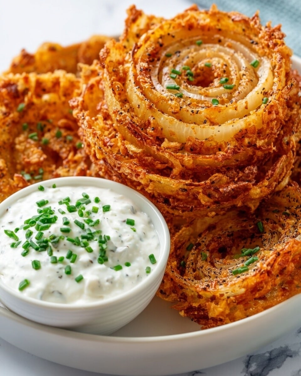 The image shows a white bowl filled with crispy, golden-brown onion rings, stacked in layers with visible circular onion slices on top. Each onion ring has a textured, crunchy outer layer with specks of black pepper and small green chive pieces sprinkled across them. Next to the onion rings is a smaller white bowl of creamy white sauce topped with chopped green chives. The dishes sit on a white marbled surface. photo taken with an iphone --ar 4:5 --v 7