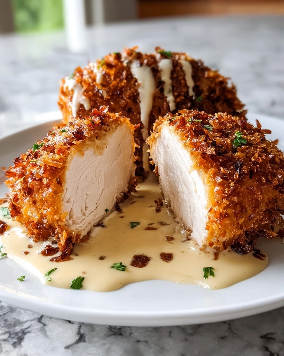 A close-up of a white plate holding two thick pieces of breaded chicken cut in half, showing a white, tender inside. The outer chicken layer is deep golden brown, crispy with visible crunchy crumbs. A creamy off-white sauce is drizzled over the chicken and pooled on the plate beneath it. The plate is set on a white marbled surface with a blurred background. photo taken with an iphone --ar 4:5 --v 7