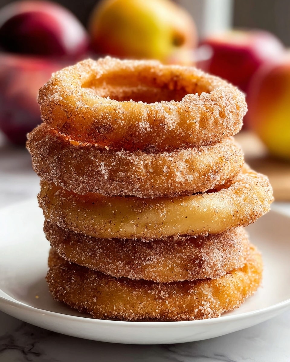 A stack of five golden-brown onion rings sits centered on a white plate, each ring coated in a sparkling layer of sugar and cinnamon grains, giving them a rough, textured look. The onion rings have a crispy outer surface with slight ridges and a soft, pale inside visible through the round holes. The plate rests on a white marbled surface, and in the background there are blurred red and yellow apples adding soft, rounded shapes in deep and bright colors, creating a warm, inviting scene. photo taken with an iphone --ar 4:5 --v 7