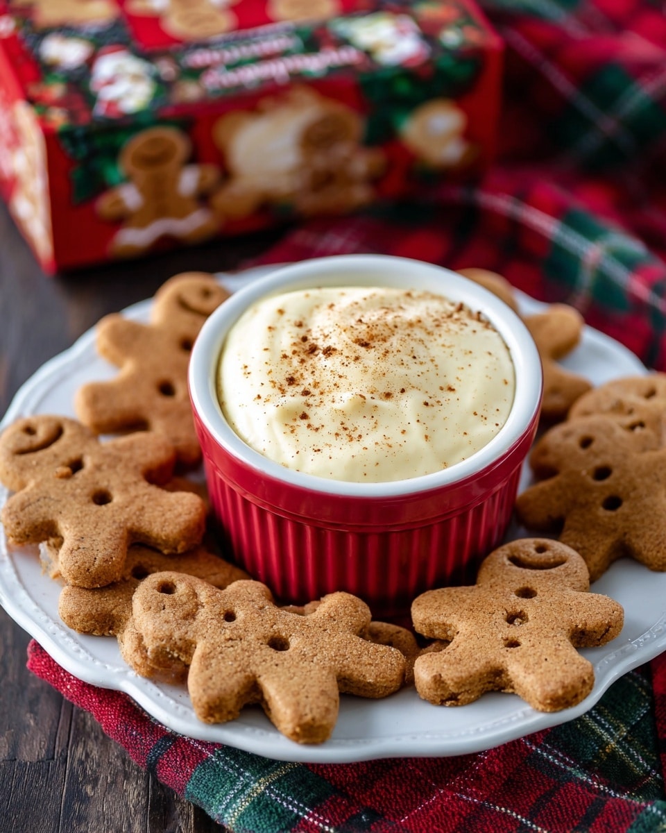 A white plate with a round edge holds a circle of light brown gingerbread man cookies, each showing smiling faces and detailed arms and legs. In the middle of the plate is a small red ramekin filled with a thick, creamy, pale yellow dip sprinkled lightly with brown spice on top. The background shows a blurred box with festive red and green plaid and images of gingerbread men. The plate sits on a dark wooden surface replaced by a white marbled texture. photo taken with an iphone --ar 4:5 --v 7