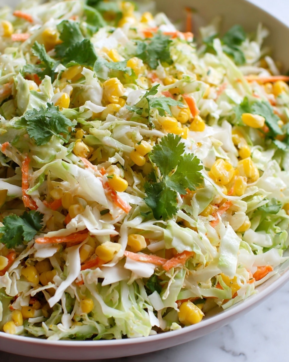 A close-up of a fresh mixed salad showing three main layers: the bottom layer is mostly shredded pale green cabbage with a soft, slightly curly texture, the middle layer contains bright yellow corn kernels scattered evenly, and the top layer features small thin carrot strips in light orange and fresh green cilantro leaves on top. The salad looks moist with a light dressing coating the vegetables evenly. The dish is presented in a white bowl on a white marbled textured surface. photo taken with an iphone --ar 4:5 --v 7