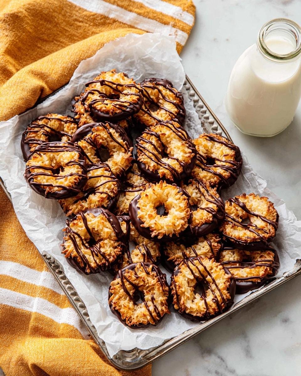 A metal tray lined with white parchment paper holds about twenty round cookies, each made of golden-brown coconut flakes shaped into rings with a hollow center. The bottom half of every cookie is dipped in smooth dark chocolate, while the top is decorated with thin, uneven dark chocolate drizzle. The tray rests on a white marbled surface, next to a glass bottle of milk on the right and a folded mustard-yellow cloth with white stripes on the left. Photo taken with an iphone --ar 4:5 --v 7