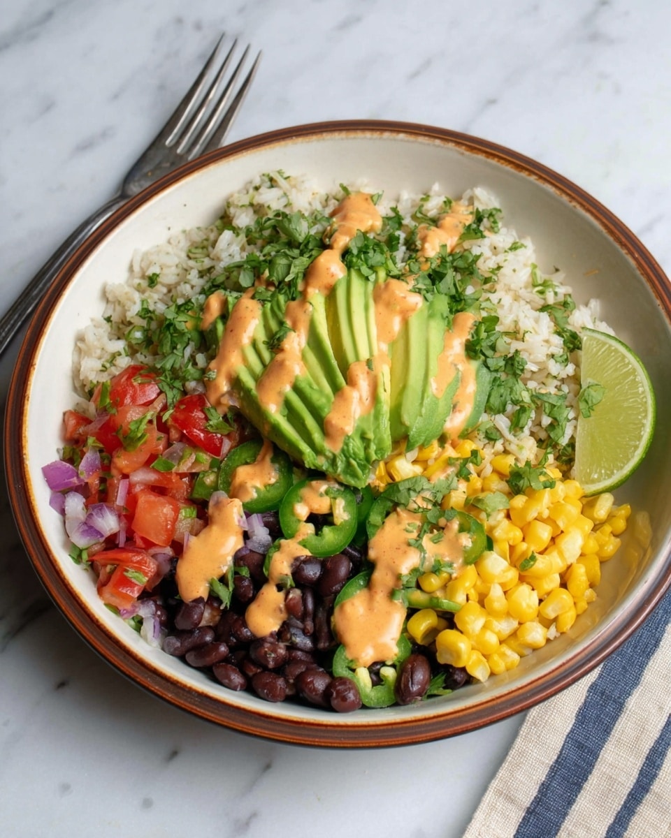 A bowl layered with cooked white rice mixed with green herbs covering the top half, topped with thin slices of light green avocado fanned out in the center and sprinkled with chopped fresh green cilantro. The bottom half has sections of bright yellow cooked corn and black beans, alongside a mix of diced red tomatoes, purple onions, and green peppers. A wedge of light green lime rests on the edge of the bowl. The whole bowl is drizzled with a creamy orange sauce, and the bowl itself is white with a brown rim, placed on a white marbled surface with a fork nearby. photo taken with an iphone --ar 4:5 --v 7
