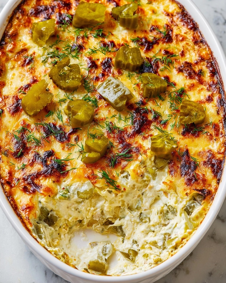 A white oval dish filled with a creamy baked dip that has a golden-brown, slightly charred top layer, dotted with fresh chopped dill for a green hint. The dip is thick and cheesy with visible bits of green pickle pieces throughout, and several larger pickle chunks scattered on top. A scoop has been taken out from the center, showing two layers inside: a soft, creamy white interior mixed with diced pickles and herbs, and a firmer, browned cheesy crust on the top. The dish rests on a white marbled surface just barely visible around the edges. photo taken with an iphone --ar 4:5 --v 7