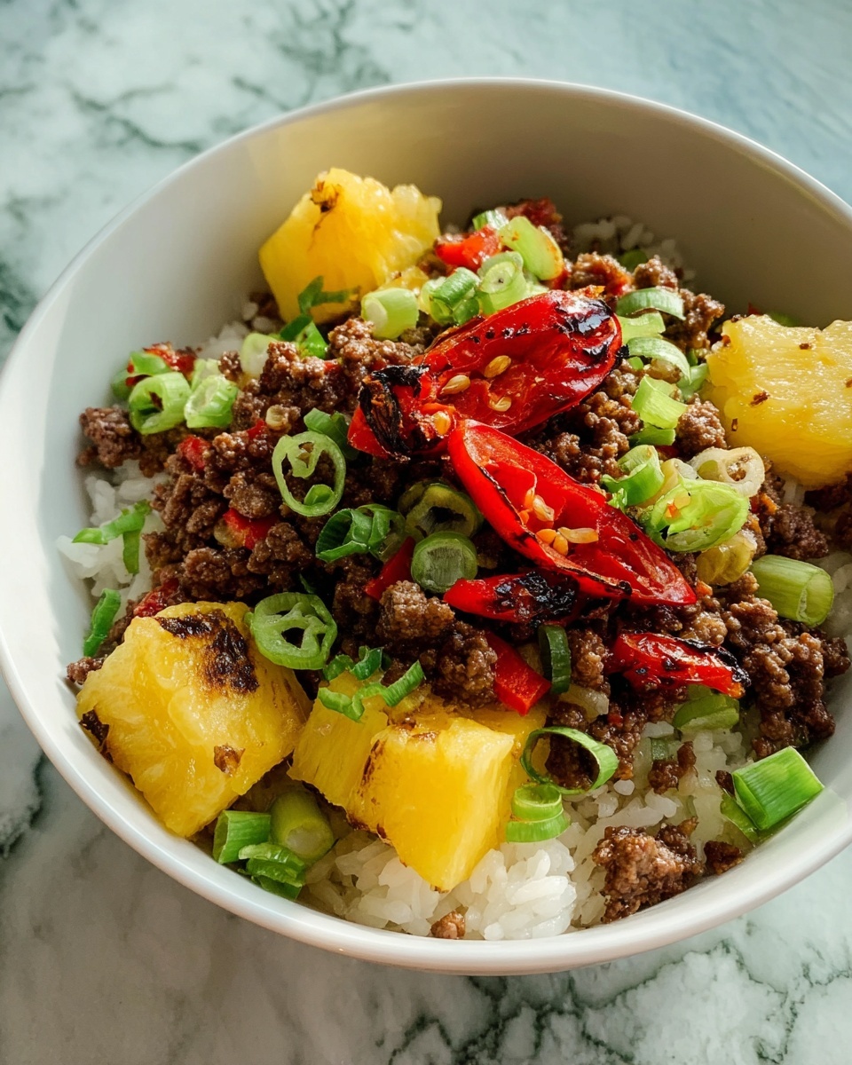 The image shows a white bowl filled with a colorful dish layered with white rice at the bottom, topped with cooked ground beef that is brown and slightly crumbly. Large chunks of golden-yellow pineapple are scattered evenly on top of the beef, adding bright color. There are slices of grilled red chili peppers with a charred texture, and fresh green onion rings and pieces are sprinkled over the dish, providing a fresh look. The bowl sits on a white marbled surface. photo taken with an iphone --ar 4:5 --v 7