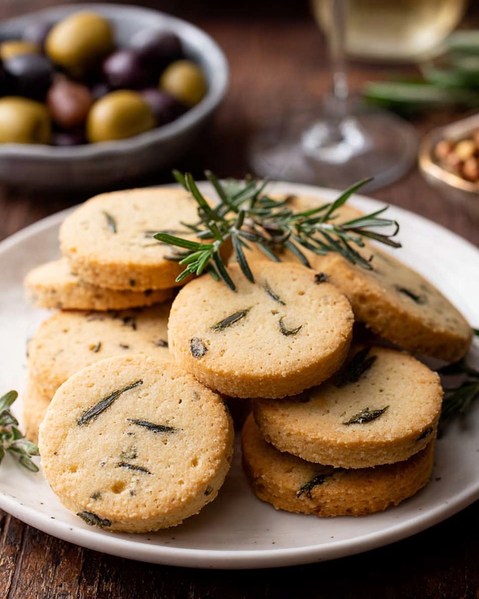 A white plate holds a stack of round, golden-brown shortbread cookies with small dark green herb pieces baked into them. The cookies are thick and slightly crumbly in texture, arranged in an overlapping pile. A few fresh green rosemary sprigs are placed on top and among the cookies for decoration. The plate is set on a wooden surface with a bowl of mixed olives and other rustic items blurred in the background. Photo taken with an iphone --ar 4:5 --v 7