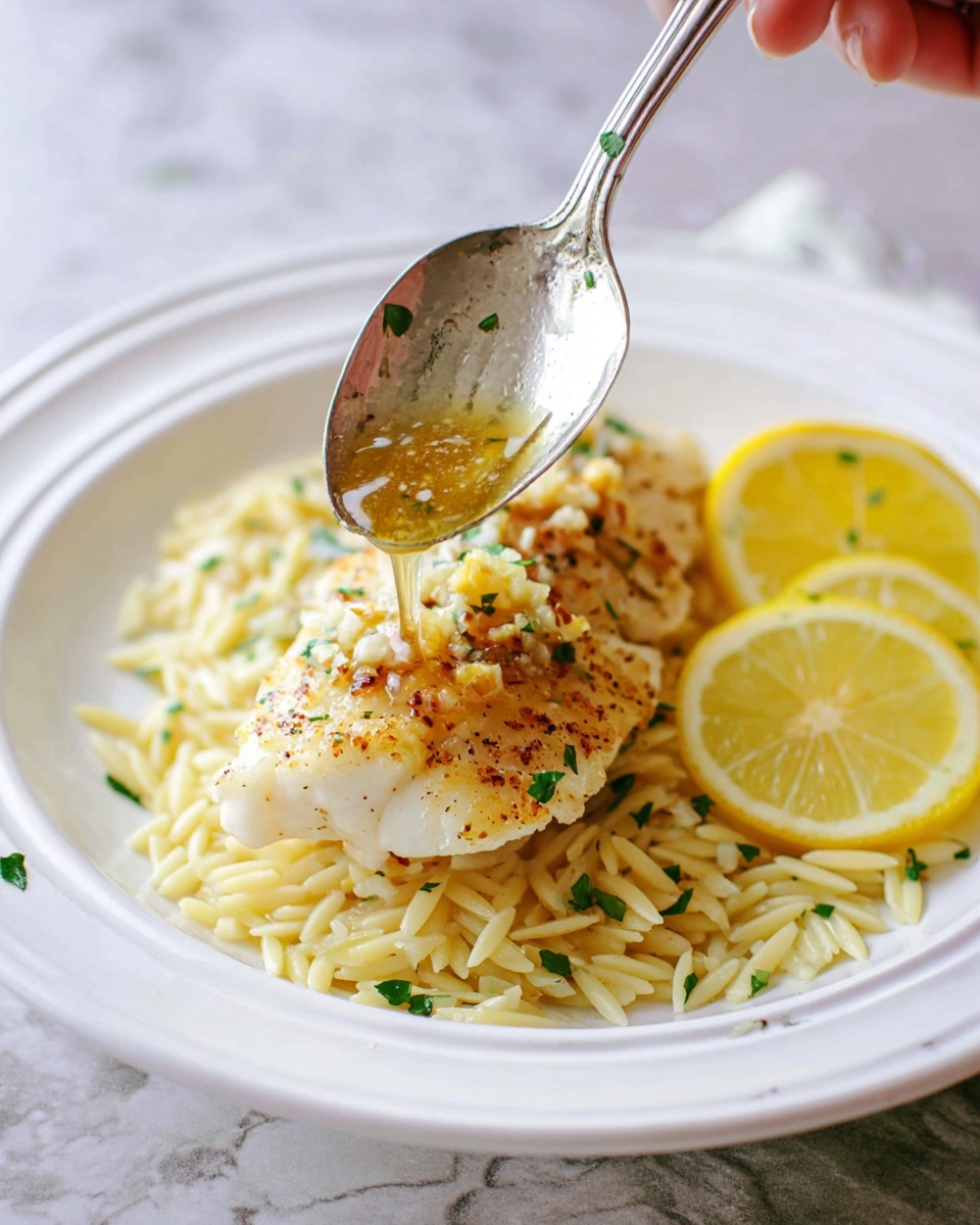 A white plate with one piece of light golden-browned fish fillet placed on a bed of pale yellow orzo pasta, garnished with small green herbs and minced garlic scattered around. Two thin, bright yellow lemon slices sit next to the fish. A silver spoon held by a woman's hand is pouring a glossy, light brown garlic butter sauce over the fish, with small bits of garlic visible in the sauce. The plate is set on a white marbled textured surface. photo taken with an iphone --ar 4:5 --v 7