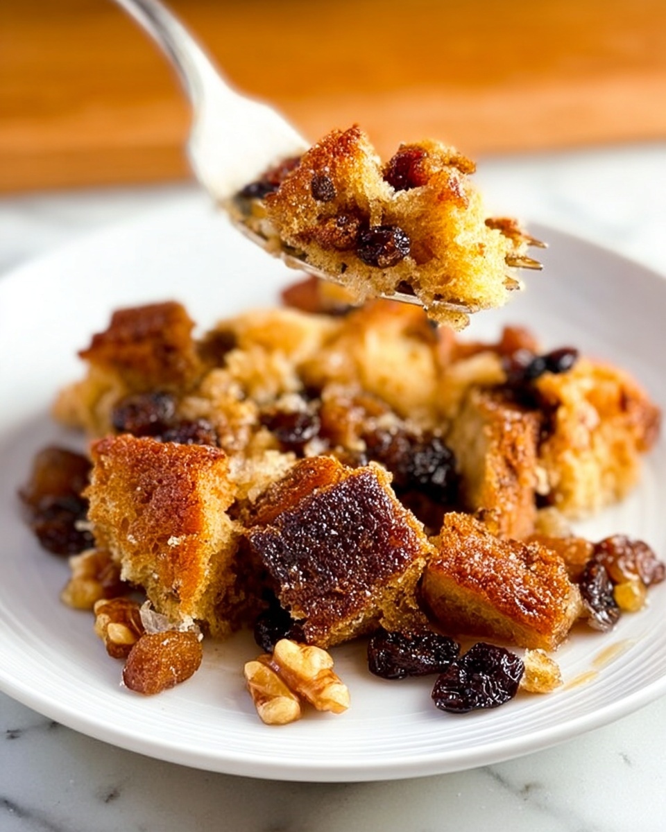 A white plate holds a close-up of a dessert with multiple layers, starting with a base of golden brown bread cubes that look crunchy on the edges. Mixed with the bread are darker raisins and small nut pieces, likely walnuts, adding texture. The top layer appears caramelized or cinnamon-coated, with a slightly crispy look. A fork is lifting a portion of the dessert, showing the soft inside and crunchy outside of the bread pieces. The scene is set on a white marbled background, enhancing the warm tones of the dessert. photo taken with an iphone --ar 4:5 --v 7