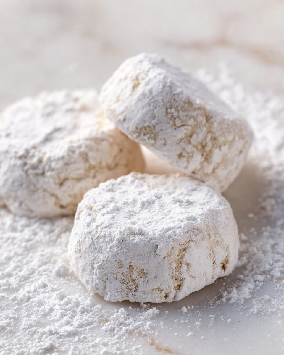 Three round cookies are coated fully in white powdered sugar, giving them a rough and powdery texture. The cookies are light beige under the powdered sugar, visible mainly on the sides where the sugar coverage is thinner. They rest on a white marbled surface dusted heavily with powdered sugar, creating a soft, snowy look. One cookie is in the front, in sharp focus, with two more behind it, slightly out of focus and leaning against each other. The scene is bright, soft, and clean with a delicate, powdery feel. photo taken with an iphone --ar 4:5 --v 7