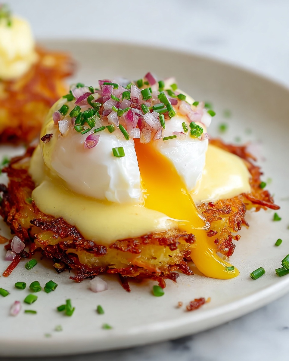 A crispy golden-brown potato rosti sits at the bottom layer on a white plate with a white marbled texture background. On top of the rosti is a smooth, creamy pale yellow hollandaise sauce that slightly drips down the side. Above this is a white poached egg with a soft, runny yolk visible at the center, sprinkled with small pieces of red onion slices and finely chopped green chives. Some chives and onion pieces are scattered around the plate. The dish is shown in close-up, highlighting the crispy texture of the rosti and the smoothness of the sauce and egg. Photo taken with an iphone --ar 4:5 --v 7