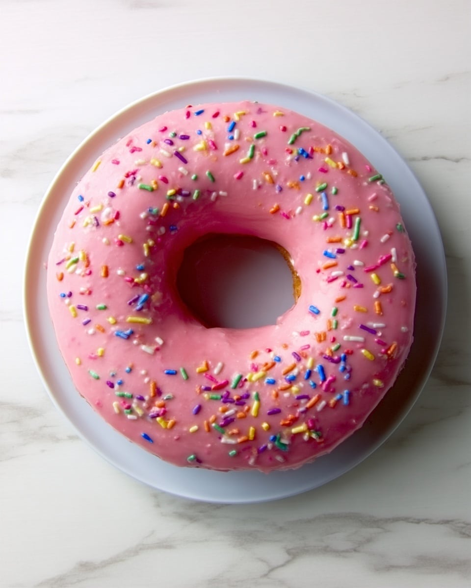 A single pink donut covered with smooth, glossy icing sits on a white plate. The donut has colorful rainbow sprinkles scattered evenly over the top layer of pink icing. The background is a white marbled surface. The donut looks soft and fresh, with a neat round shape and a hole in the center. photo taken with an iphone --ar 4:5 --v 7