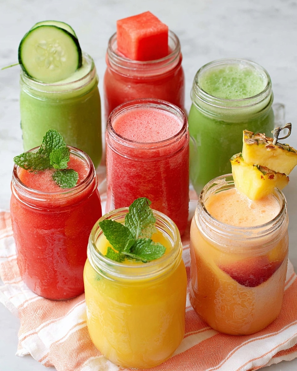 The image shows a group of seven colorful smoothies served in clear mason jars arranged closely on a white marbled surface covered with a light orange and white striped cloth. The smoothies vary in color and texture: two bright green ones, one with cucumber slices on top and the other with a mint leaf, a vivid red one topped with a small cube of watermelon, another red one with a frothy texture topped with a fresh mint sprig, a pale orange smoothie with a pineapple cube on a skewer, a soft yellow smoothie garnished with a pineapple wedge on the rim, and a light peach-orange smoothie with a frothy surface and a peach-colored fruit piece on its rim. All drinks have condensation on the jars, adding a fresh look. Photo taken with an iphone --ar 4:5 --v 7