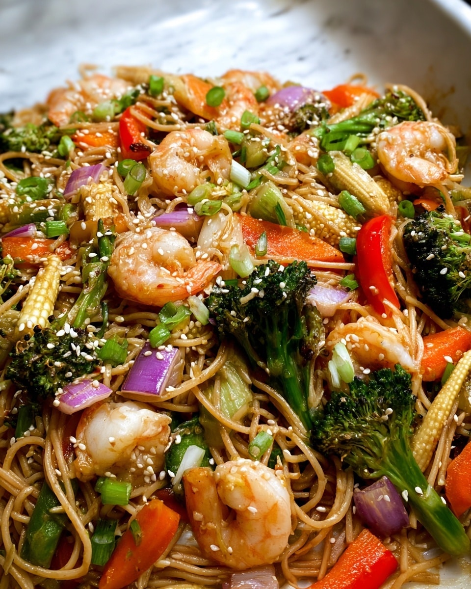 The dish is a close-up of stir-fried noodles with shrimp and vegetables on a white marbled surface. The base is a large layer of light brown noodles, mixed throughout with bright green broccoli florets, orange carrot slices, pale yellow baby corn, and light green asparagus. Scattered across the top are pink shrimp, small pieces of chopped purple onions, and green onion slices. White sesame seeds are sprinkled all over, adding texture and contrast. The vegetables have a slight char, showing some darker spots, and everything looks shiny with a light sauce coating. photo taken with an iphone --ar 4:5 --v 7