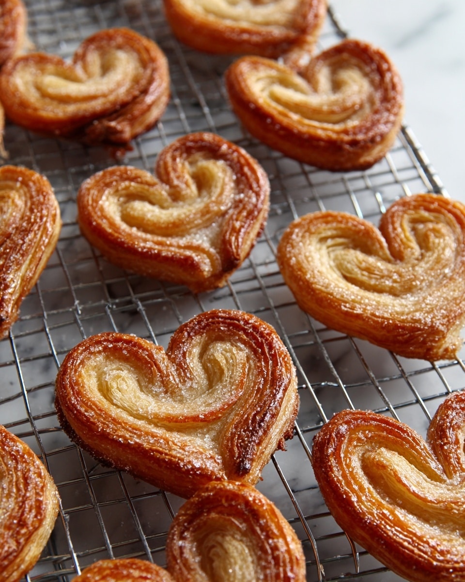 A cooling rack holds multiple golden brown heart-shaped palmiers with a shiny, sugar-coated surface. Each palmier has a flaky, layered texture with edges darker and slightly caramelized, showing crispiness. The background is a white marbled surface with soft natural light coming from the side. Photo taken with an iphone --ar 4:5 --v 7