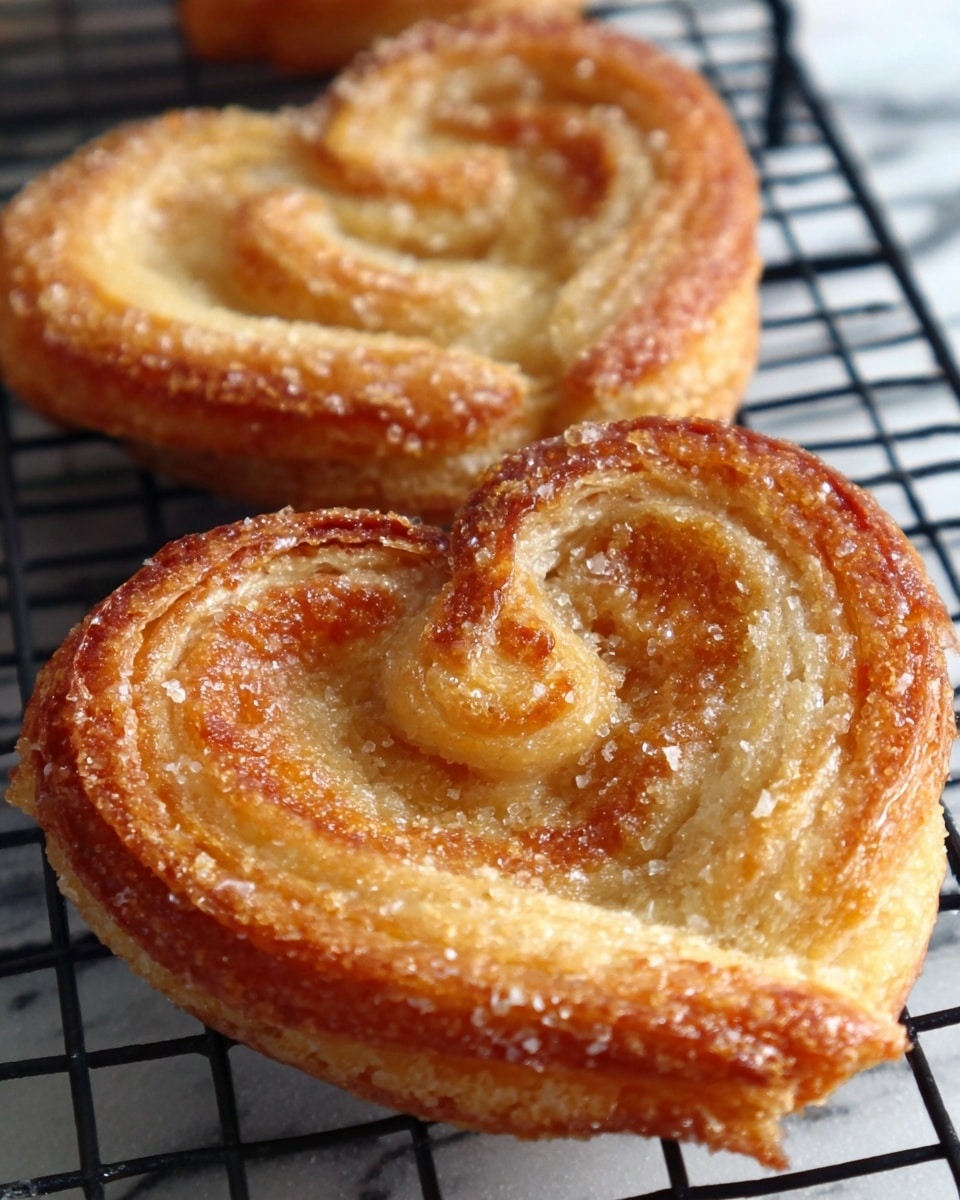 The image shows close-up of two cooked palmier pastries on black wire rack, with golden-brown and crispy sugar-glazed layers creating a heart shape, the dough's texture looks flaky with sugar crystals sparkling on the surface, the background is a white marbled texture. Photo taken with an iphone --ar 4:5 --v 7