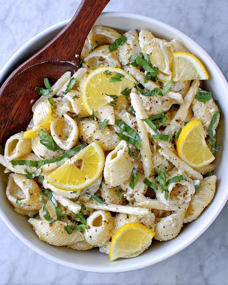 The image shows a close-up of a white bowl filled with two types of cooked pasta: shell-shaped pasta and long thin pasta. The pasta is mixed with a creamy white sauce containing small specks of herbs and spices. On top, there are fresh green herb leaves scattered evenly along with several thin lemon slices placed on the pasta. A wooden spoon is resting inside the bowl, partially visible at the top left. The bowl is set against a white marbled texture surface. The overall look is fresh and light with soft yellows, whites, and greens. photo taken with an iphone --ar 4:5 --v 7