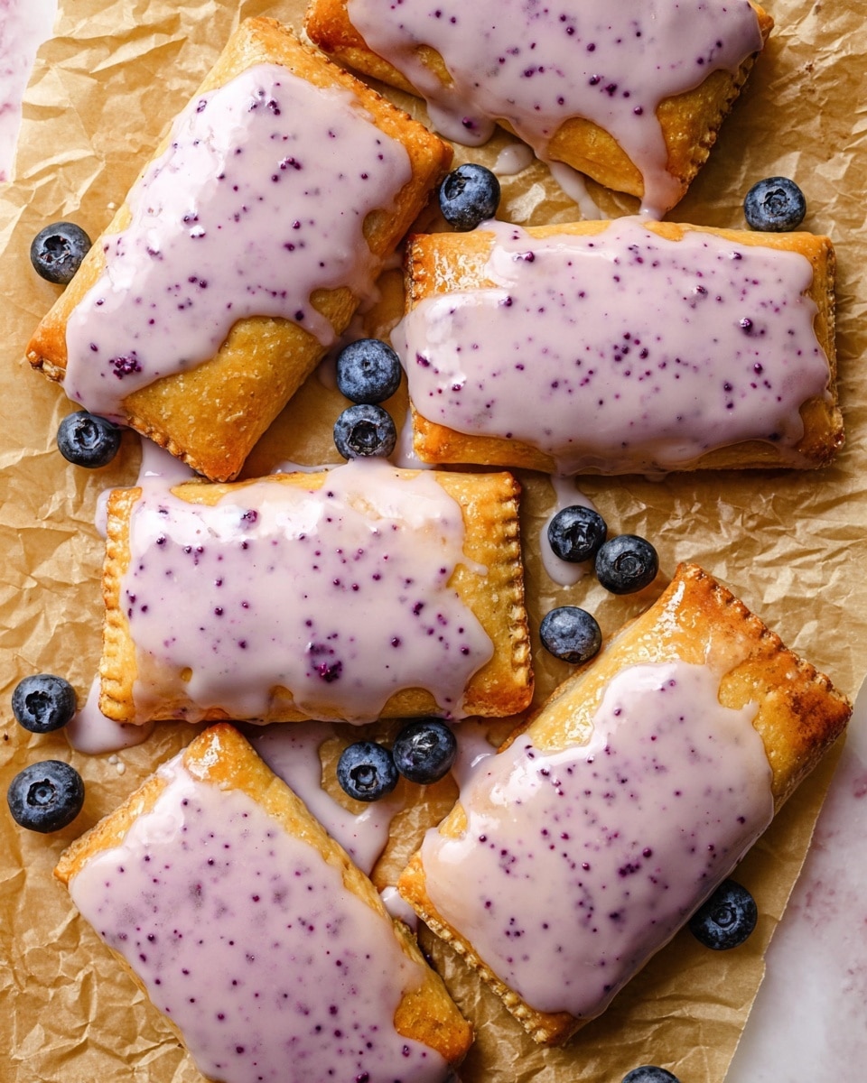 The image shows seven rectangular golden-brown pastries with a slightly cracked crust, each covered in a glossy light purple glaze speckled with darker purple dots. The glaze looks creamy and smooth, dripping a little down the sides of the pastries. The pastries are arranged directly on crinkled brown parchment paper, with several fresh blueberries scattered around them. The background is a white marbled texture. photo taken with an iphone --ar 4:5 --v 7