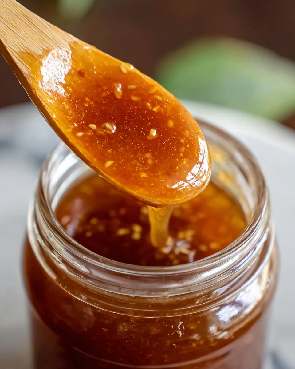 A close-up view of a glass jar filled with a thick, amber-colored honey-like sauce containing small bits of garlic or spices. A wooden spoon, coated with the glossy orange sauce, is held above the jar, showing the sauce’s smooth and sticky texture with visible small pieces in it. The background is softly blurred with a hint of green, and the scene is set on a white marbled texture. photo taken with an iphone --ar 4:5 --v 7