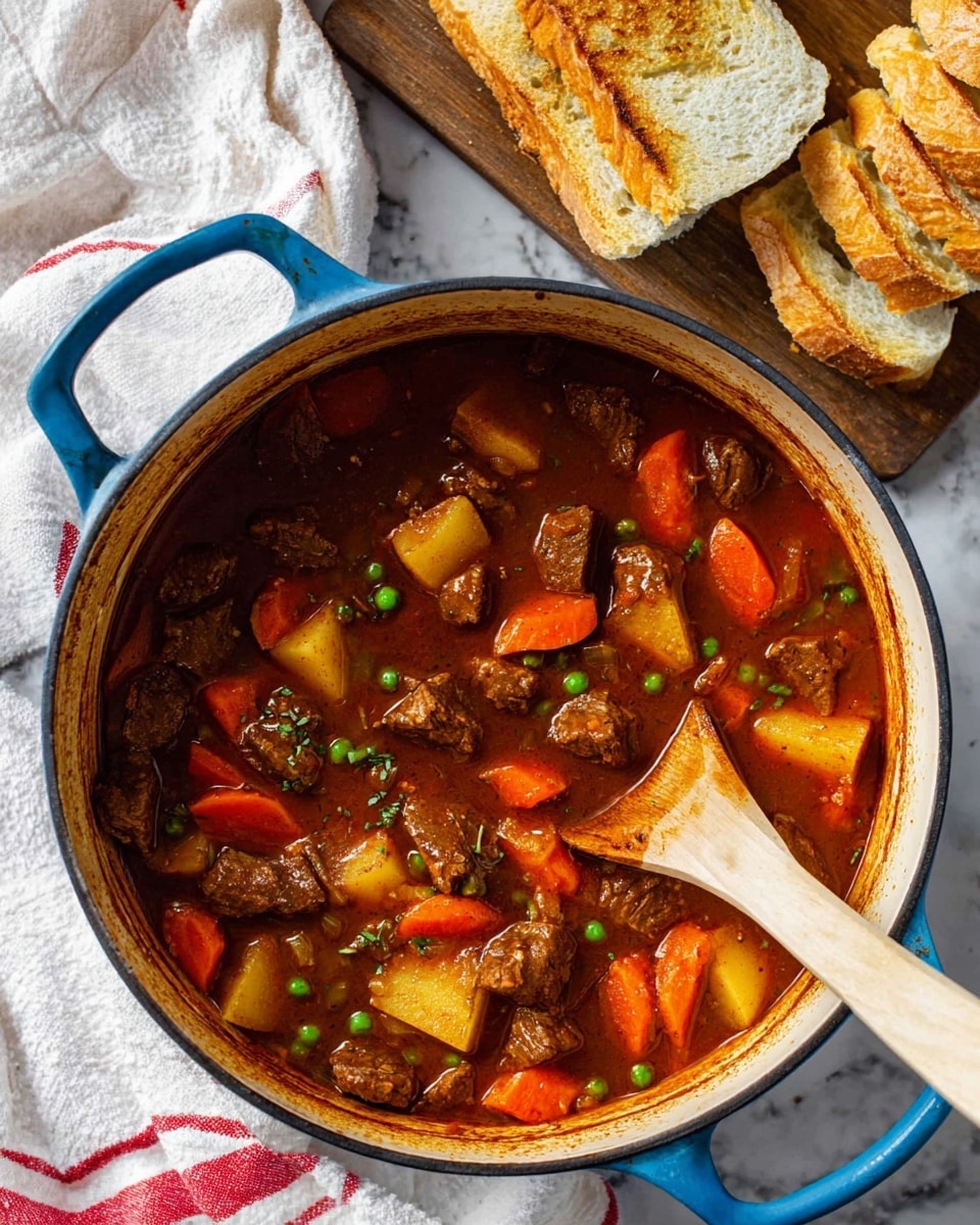 A large blue pot filled with a rich brown stew containing visible layers of cubed beef, sliced orange carrots, diced light yellow potatoes, green peas, and translucent onion pieces, all mixed in a thick brown sauce. A wooden spoon with a light tan handle rests inside the pot, partially submerged in the stew. Around the pot, there is a white cloth with red stripes, and a wooden cutting board in the upper right corner holding several slices of crusty white bread with a golden toasted top. The surface beneath everything is a white marbled texture photo taken with an iphone --ar 4:5 --v 7