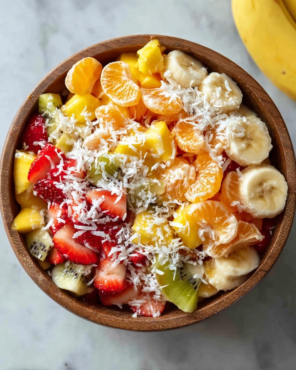 A round brown bowl filled with a colorful fruit salad sits on a white marbled surface. The salad has multiple layers of mixed fruits including orange segments, yellow mango cubes, sliced bananas, red strawberry pieces, and light green kiwi slices with darker seeds. Shredded white coconut is sprinkled evenly on top, adding a fine, textured layer. The fruits show a fresh and juicy look with bright natural colors and soft textures. Photo taken with an iphone --ar 4:5 --v 7