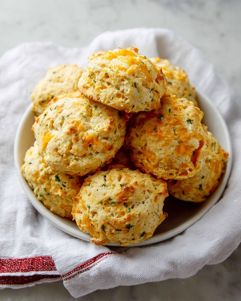 A white bowl filled with seven round cheese biscuits, each biscuit having a rough, bumpy texture with visible orange cheese pieces and small green herb flecks throughout. The biscuits are stacked loosely in the bowl, which sits on a white cloth with red trim, all placed on a white marbled texture. The biscuits have a golden-brown top with an uneven surface showing small cracks and a soft, crumbly look. photo taken with an iphone --ar 4:5 --v 7